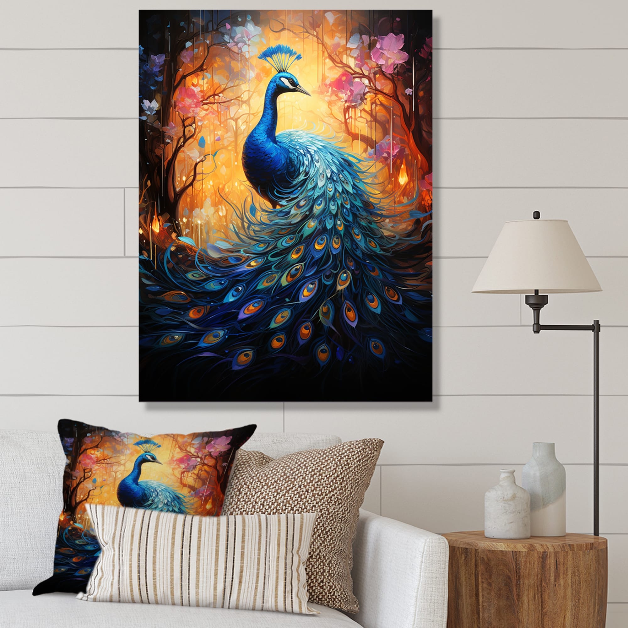 Designart "Peacock Abstract Collage II" Animals Wall Art Living Room